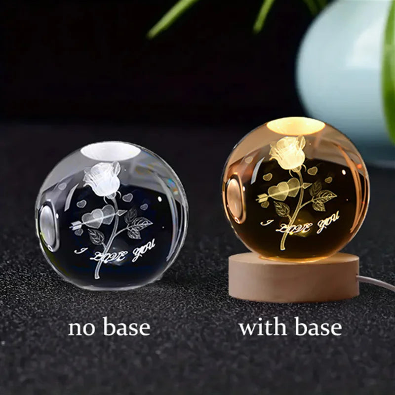 3D Crystal Ball Glass LED Laser Engraved Solar System Globe Universe Wooden Base