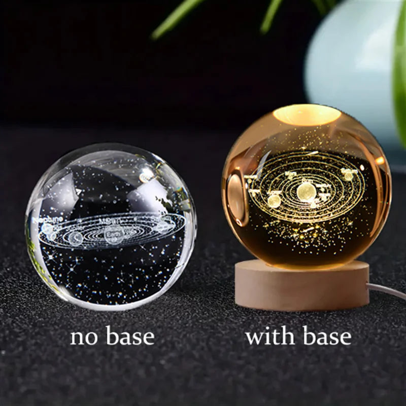 3D Crystal Ball Glass LED Laser Engraved Solar System Globe Universe Wooden Base