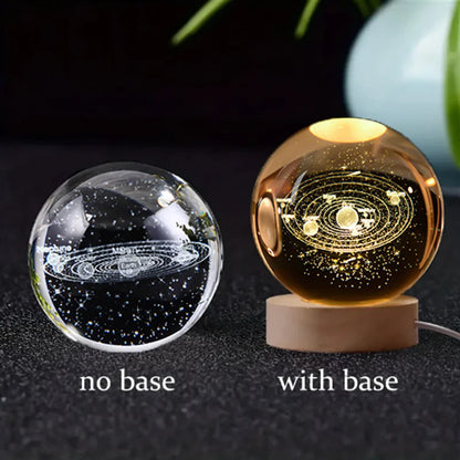 3D Crystal Ball Glass LED Laser Engraved Solar System Globe Universe Wooden Base