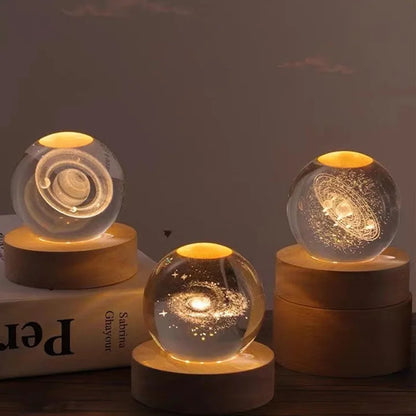 3D Crystal Ball Glass LED Laser Engraved Solar System Globe Universe Wooden Base