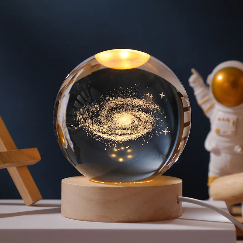 3D Crystal Ball Glass LED Laser Engraved Solar System Globe Universe Wooden Base