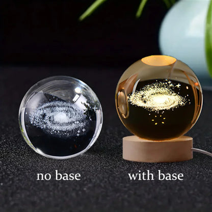 3D Crystal Ball Glass LED Laser Engraved Solar System Globe Universe Wooden Base