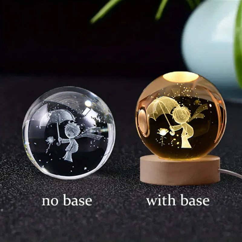 3D Crystal Ball Glass LED Laser Engraved Solar System Globe Universe Wooden Base