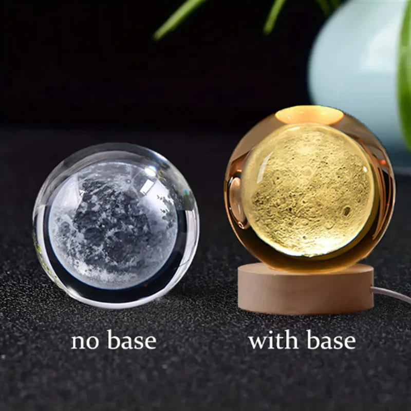 3D Crystal Ball Glass LED Laser Engraved Solar System Globe Universe Wooden Base