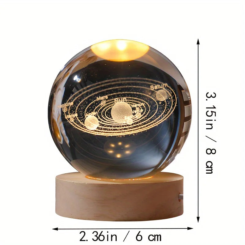 3D Crystal Ball Glass LED Laser Engraved Solar System Globe Universe Wooden Base