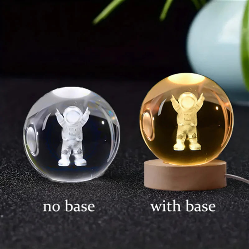 3D Crystal Ball Glass LED Laser Engraved Solar System Globe Universe Wooden Base