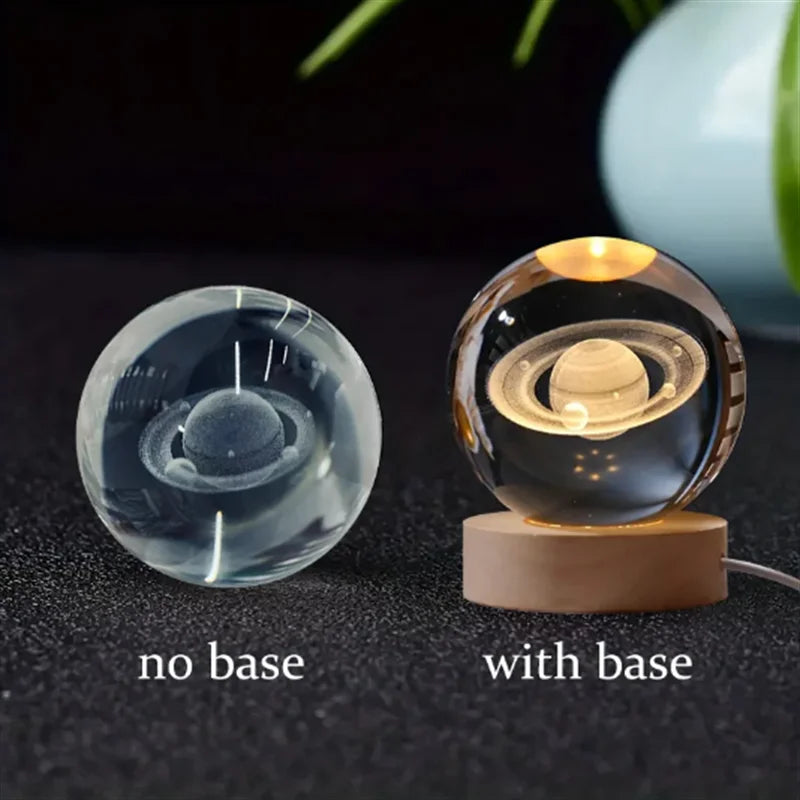 3D Crystal Ball Glass LED Laser Engraved Solar System Globe Universe Wooden Base