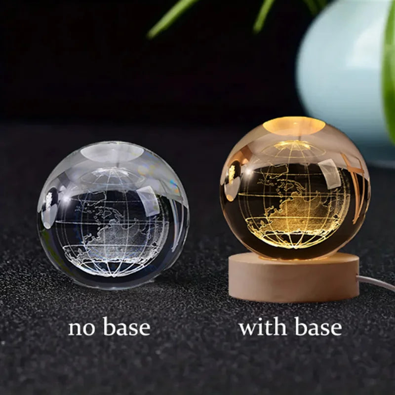 3D Crystal Ball Glass LED Laser Engraved Solar System Globe Universe Wooden Base