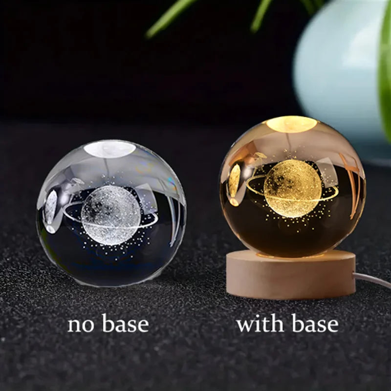 3D Crystal Ball Glass LED Laser Engraved Solar System Globe Universe Wooden Base